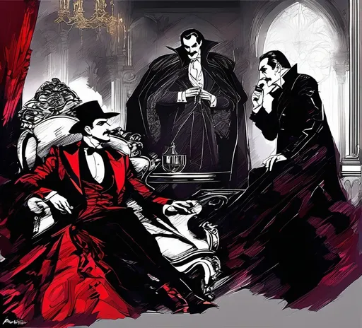 Prompt: (Vincent Price as Van Hellsing conversing with Bela Lugosi as Count Dracula), Black and White pen and ink sketch style, dark color scheme, elegantly gothic attire, intricate details, dim lighting, dramatic shadows, opulent background, luxurious textures, ornate furniture, deep reds and blacks, baroque patterns, solemn atmosphere, rich color tones, dark romanticism, ultra-detailed, 4K, photorealistic masterpiece, timeless elegance.