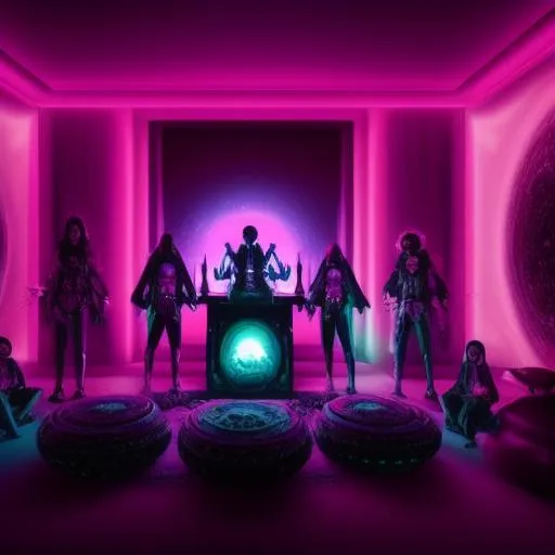 Prompt: Breathtakingly detailed Image of a UFO death cult members at a house party.  Colorful, Dark & striking image. Aesthetically Brilliant. Everything is perfectly to scale. Award winning.