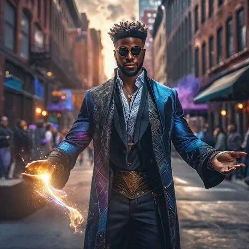 Prompt: Black Man magician in urban clothes casting a spell with his arms, hdr render, soft lighting , full body, digital painting, studio photo, intricate details, professional, highly detailed, 8k uhd, epic, stunning, in New York city, action shot, soft