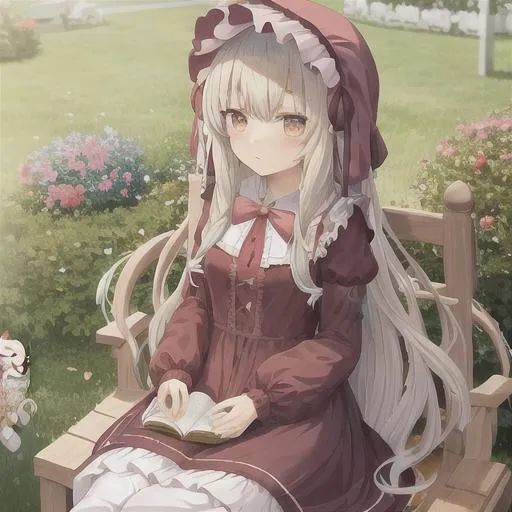 Prompt: anime girl, lolita dress, fluffy dress, long sleeves, long hair, cute, reading book, bonnet, in garden, cup of tea