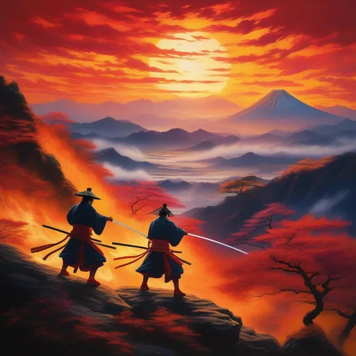 Prompt: 
"Two fiery samurais engaged in an epic battle atop a majestic mountain peak in ancient Japan. The sun sets in a blaze of vibrant hues, casting a golden glow across the scene. Their swords clash with tremendous force, emitting sparks that illuminate the darkening sky. Wisps of swirling mist dance around them, adding an air of mystique to the encounter. In the distance, a mythical phoenix soars, its radiant feathers trailing streaks of shimmering light."

