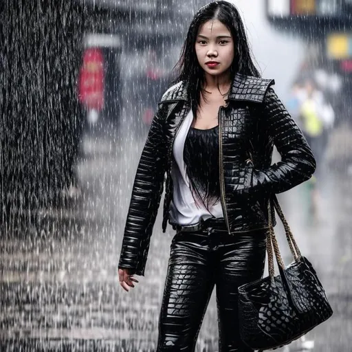 Prompt: Woman which is with leather jacket and pants black leather crocodile Backpack is in heavy rain with Very intensive showering