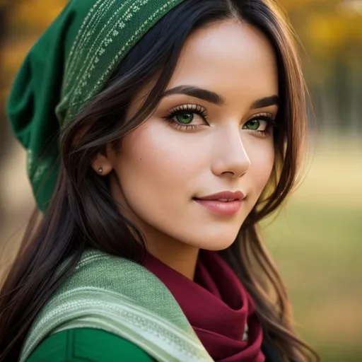 Prompt: a woman wearing a green scarf