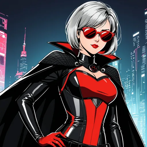 Prompt: Comic book style, cyberpunk. A middle aged woman with short hair and a red corset. Supervillain, spider themed. Round black sunglasses. Waistline cape
  