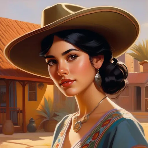 Prompt: Third person, gameplay, Mexican-American girl, pale olive skin, black hair, brown eyes, 1930s, Texas, warm atmosphere, cartoony style, extremely detailed painting by Greg Rutkowski and by Henry Justice Ford and by Steve Henderson 

