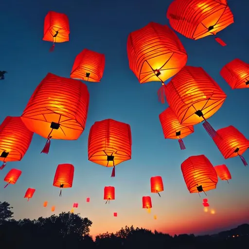 Prompt: create a photograph showing Chinese paper lanterns soaring into the sky. The sky is glowing like a sunset.