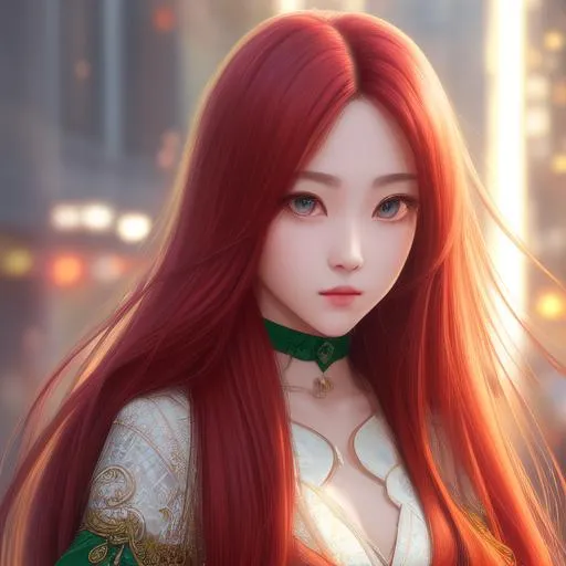 Prompt: Jisoo, girl, beauty face, detail face, long hair, red hair, green eyes, rainbow collor, full body, married dresses, city with buildings, high resolution, realistic art, ultra detailed face, concept art, high quality, detailed, best quality 8kconcept art, matte painting, HQ, 4k