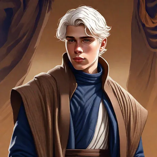 Prompt: 20 year old, young, Detailed art, Handsome young man with short clean white hair, short back hair, well groomed, combed over hair,  dark blue tunic vest, shoulder pad, brown overcoat with flowing robes, high collar, traveler, traveling outfit, adventurer outfit  Star Wars character art, detailed textured fabric. Cloth neck gaiter, robes, tight white hair, holster, belt, rich, blaster pistol, pistol, Star Wars 
