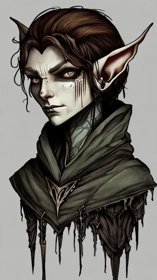 Prompt: A middle aged, androgynous elf. Stands in tattered brown rags.  Sad silver eyes with shadows and rings around them. Ash white skin. Long black hair.