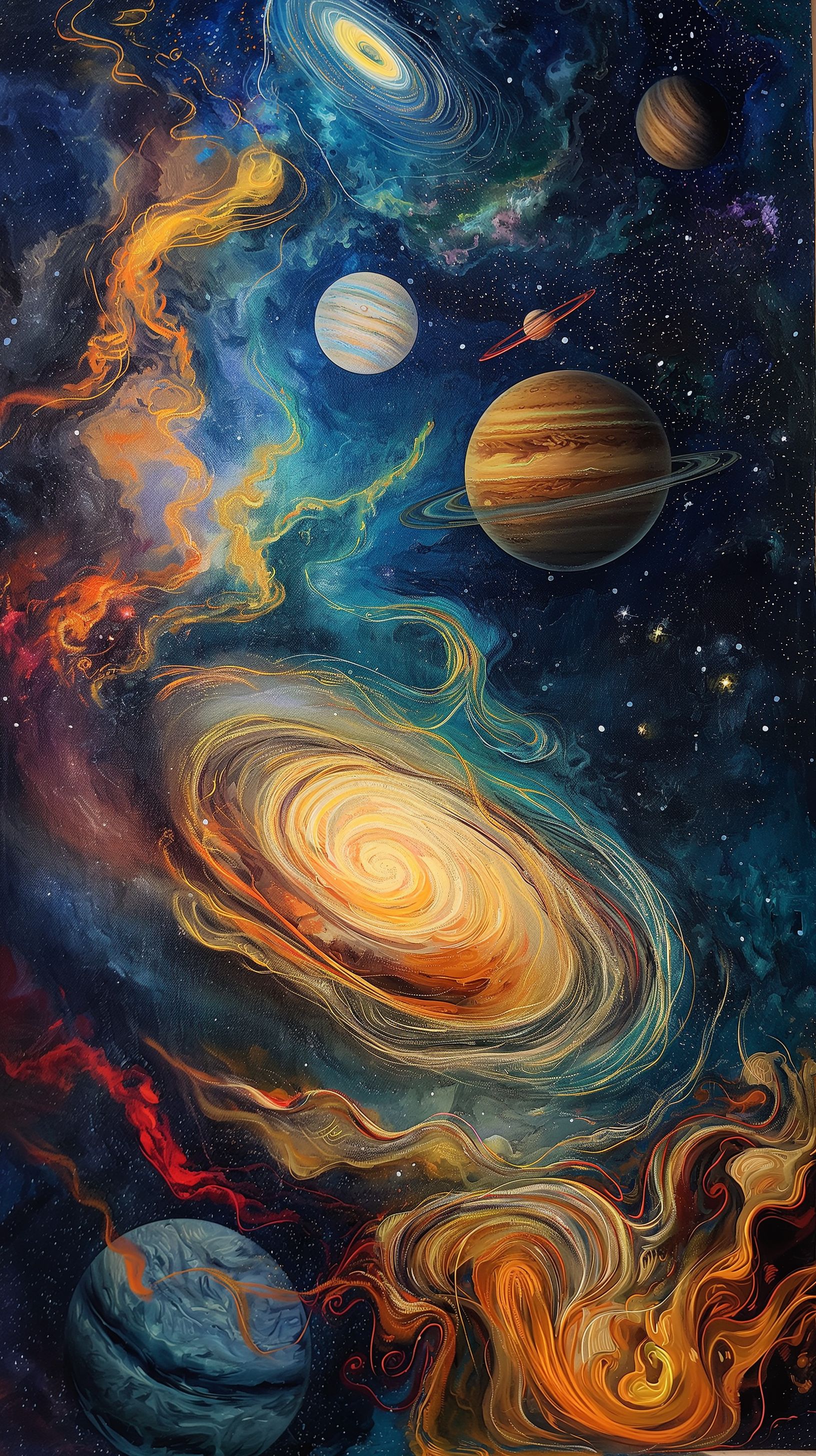 Prompt: being in the middle of space surrounded by the stars and planets, highly detailed gas giants and swirls of vibrant color fill the image, relaxing and wonderful --ar 9:16 --v 6.0