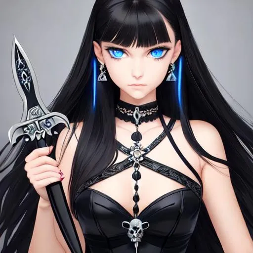 Prompt: An insanely beautiful girl around 12 years old. wearing black skull earrings. holding a sharp dagger in one hand. perfect anatomy, symmetrically perfect face. beautiful deep blue eyes. beautiful long black wavy hair. no extra limbs or hands or fingers or legs or arms. full body view.