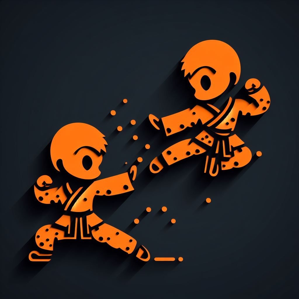 Prompt: kung-fu fighting in the style of intricate cut-outs, minimalist black and orange, 2d, slender, iconic, kawaii art, symmetrical, luminous shadowing, extreme depth of field