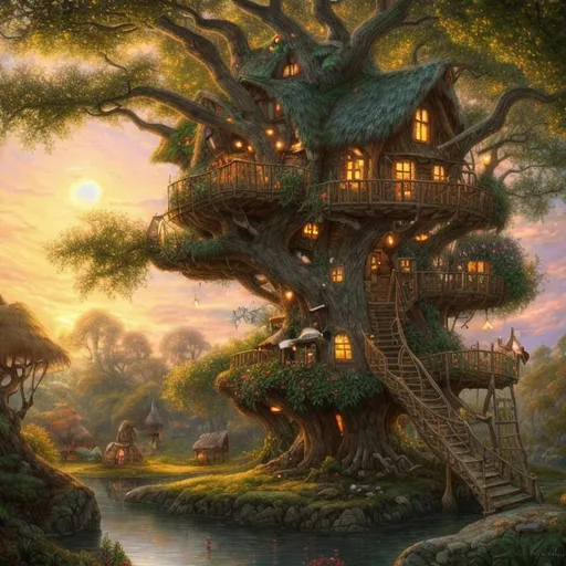 Prompt: A magical treehouse village at sunset, warm lighting, whimsical, dreamy, digital painting, highly detailed, art by Mary GrandPré and Brian Froud, trending on Artstation, wallpaper, HD, Photorealistic
