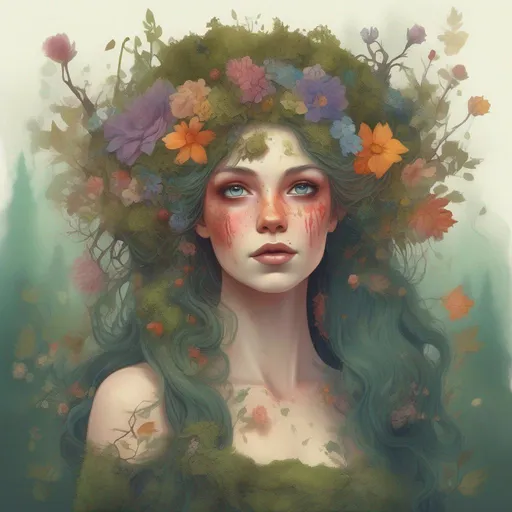 Prompt: A colourful and beautiful Persephone, a forest nymph, with bark for skin, branches growing out of her head as hair, moss and flowers growing on her, and flowers and moss for a dress on her in a painted style
