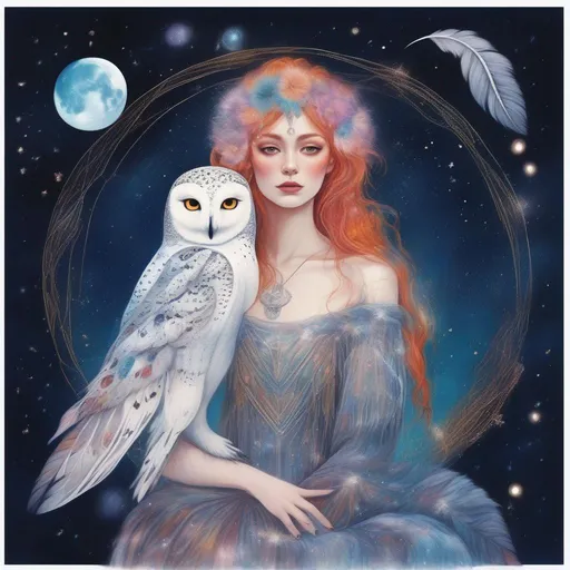 Prompt: Colourful and beautiful Persephone with snow owl feathers for hair, wearing a dress made of snow owl feathers, framed by constellations and the moon in outer space in a dreamy painted style 