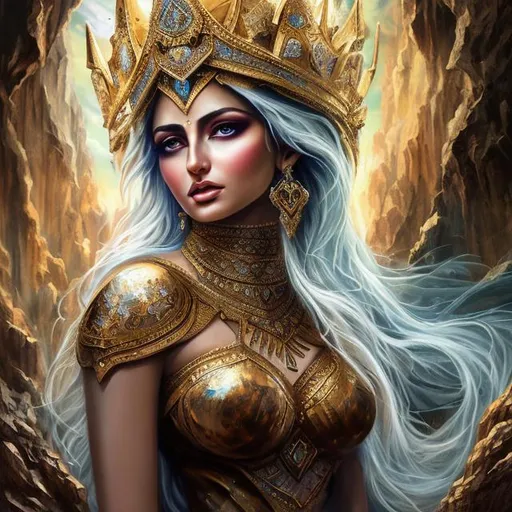 Prompt: High-resolution hyper realistic painting of {iranian earth goddess} [zam] , uhd, hdr, 64k, epic scene, crown, upper body, sharp edges, minerals armor, soil hair, blue eyes