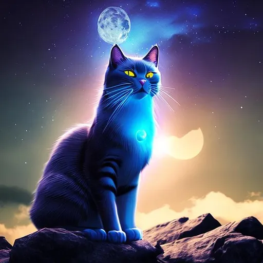 Prompt: epic cat with moonlight background, blue aura