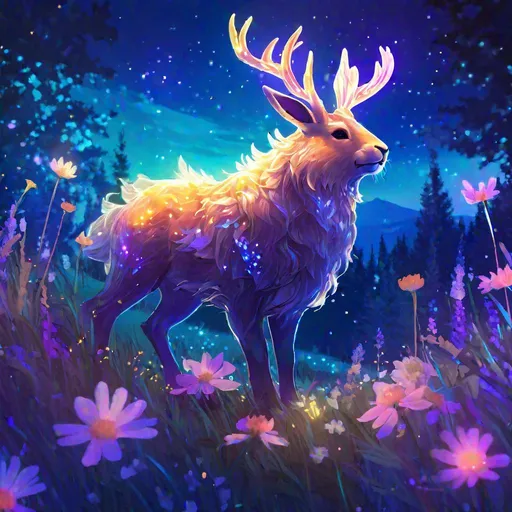 Prompt: A fantasy translucent wolpertinger that is glowing, in a meadow clearing surrounded by flowers, sunrise, beneath the stars, bioluminescent, highres, best quality, concept art