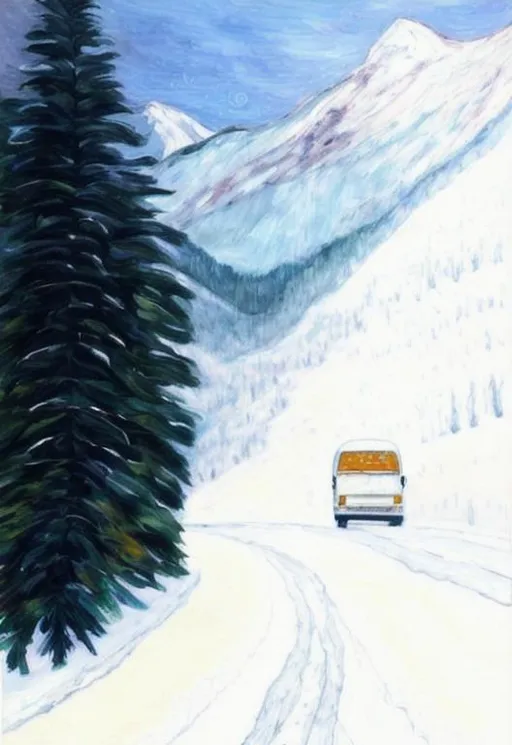 Prompt: A fine art painting of a van traveling down a snowy wooded road towards a large mountain vista seen in the background, inspired by van Gough 