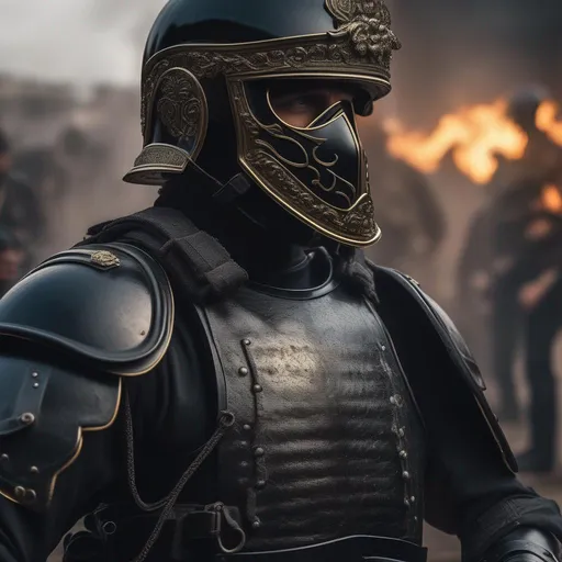 Prompt: A modern roman military male in black military armor galea helmet of roman armor, with a gunfire and gas mask, background Battle in London, UK, Hyperrealistic, sharp focus, Professional, UHD, HDR, 8K, Render, electronic, dramatic, vivid, pressure, stress, nervous vibe, loud, tension, traumatic, dark, cataclysmic, violent, fighting, Epic