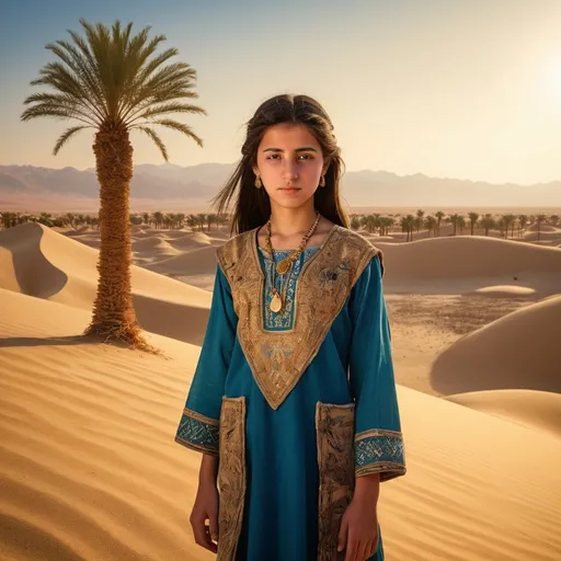 Prompt: A desert oasis in the Kingdom of Fergana in 50 BCE. There is a full length 14 year old Fergana girl dressed in Fergana clothing. She has black Fergana hair, brown eyes, a small nose.