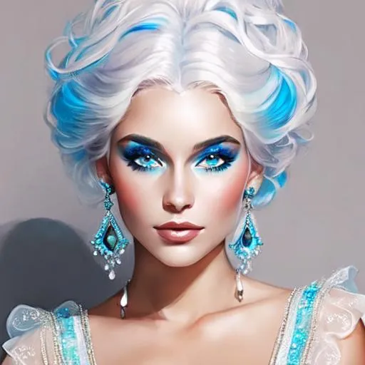 Prompt: A beautiful woman, white hair with pastel highlights, blue eyes, blue eyeshadow, blue jewels on forehead