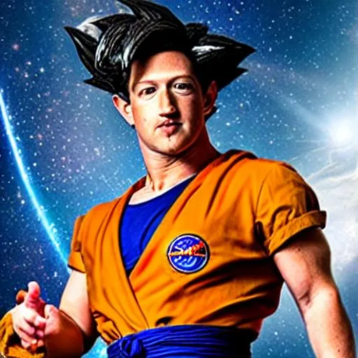 Prompt: ((Mark Zuckerberg)) cosplaying as Goku from Dragon Ball Z: Kai powering up strong in space