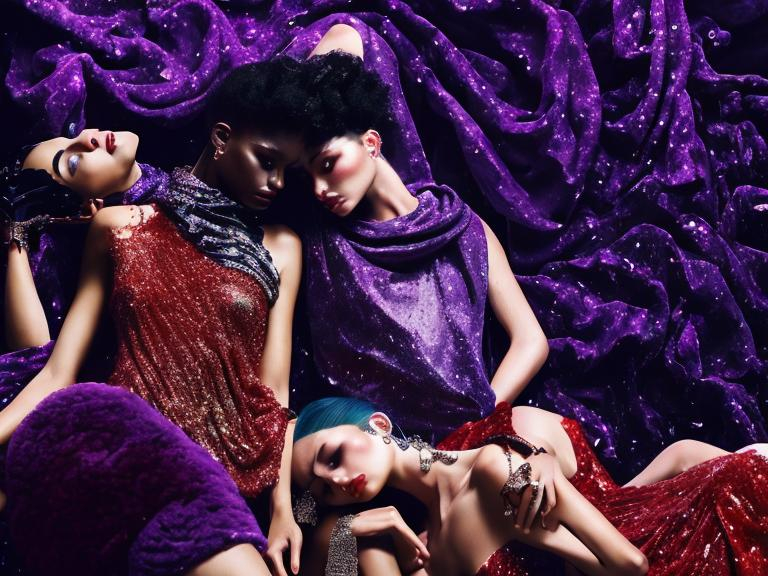 vogue high fashion models in red dress laying blisse... | OpenArt