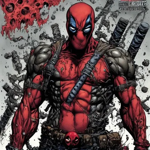 Prompt: Todd McFarlane Spawn Deadpool variant. muscular. dark gritty. Bloody. Hurt. Damaged. Accurate. realistic. evil eyes. Slow exposure. Detailed. Dirty. Dark and gritty. Post-apocalyptic. Shadows. Sinister. Intense. 