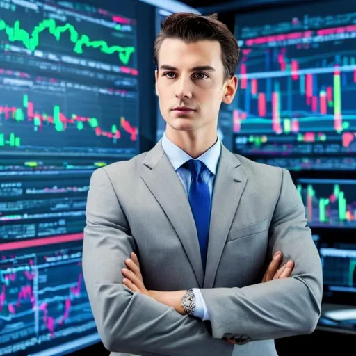 Prompt: a men in suits with a big stock chart behind
