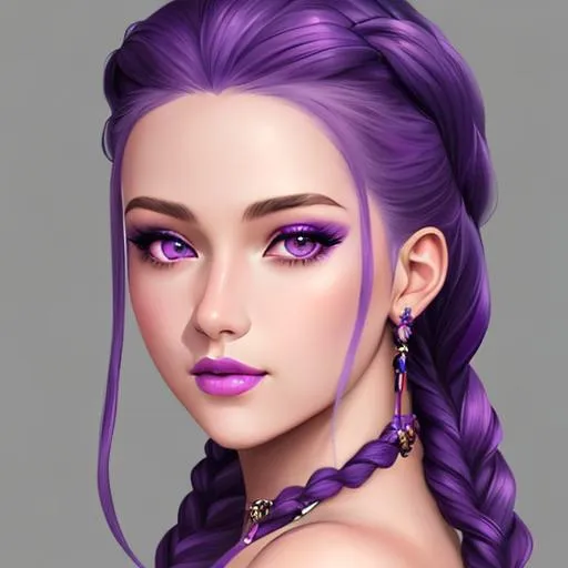 Prompt:  cute young woman with purple braided hair , violet eyes, purple lips, realistic, soft colors, digital painting, photorealism