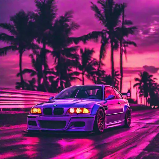 Prompt: 2001 BMW M3 E46 GTR, synthwave, aesthetic cyberpunk, miami, highway, dusk, neon lights, coastal