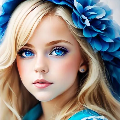 Prompt: baby  girl with very light blonde hair and big blue eyes wearing a blue dress, closeup