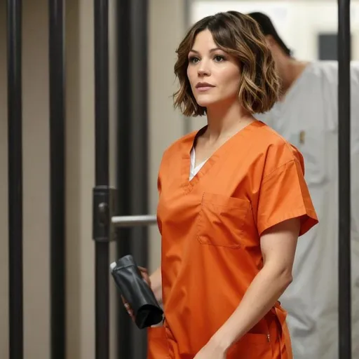 Prompt: katharine mcphee in prison wearing orange scrubs prison uniform