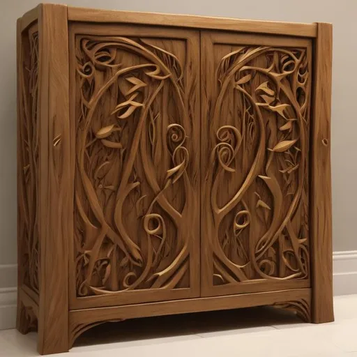 Prompt: Cupboard elven carved design hobbit fish