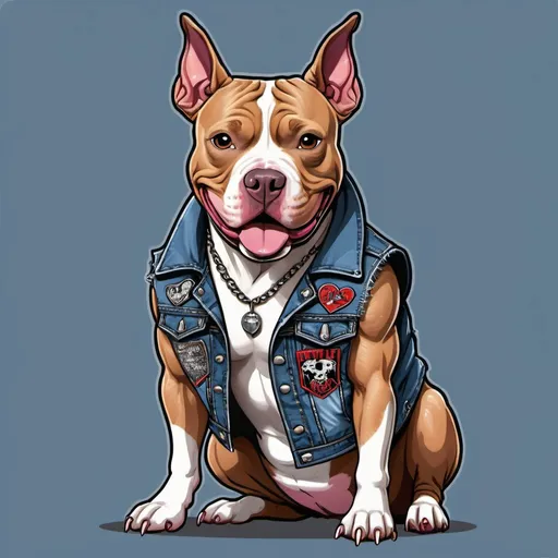 Prompt: pitbull dog wearing a heavy metal music denim vest with patches in a cartoon style 