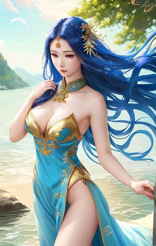 Prompt: she with wu xia dress with blue fabric, soft lighting, beautiful detailed eyes, girl, perfect body, seductive, lovely, tipsy, beautiful intricate hairs, pale skins, ember spark, water splash, busty, vortex, windy, symmetrical, full body, perfect composition, hyperrealistic, super detailed, 8k, high quality, trending art, trending on artstation, sharp focus, studio photo, intricate details, highly detailed, by Jørn Simensen