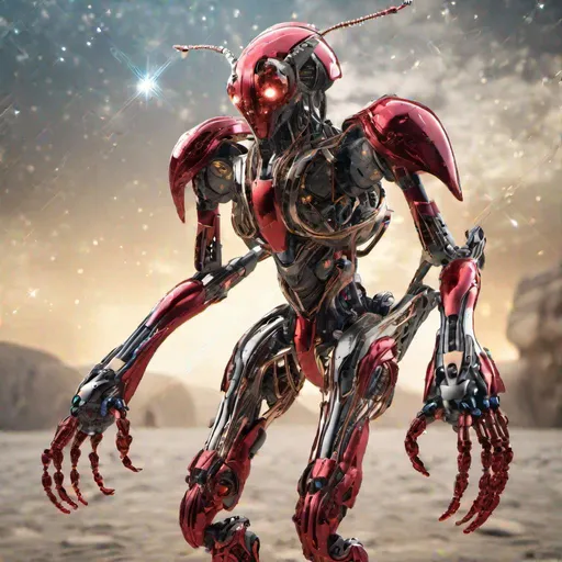 Prompt: (masterpiece, UHD, illustration, detailed:1.3), half-mechanical half-insectoid android, human body with insect head, sparkling red eyes, filiform antennae, sparkling metallic body, robotic arms and legs, flying against a starry background