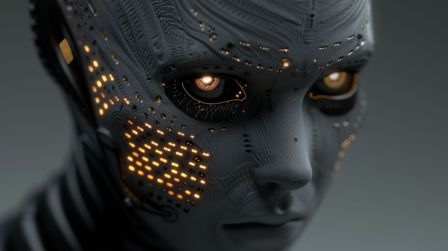 Prompt: Illustration with a fantasy theme, presenting a humanoid figure whose matte gray skin seems to glow faintly. The dark eyes, large and expressive, hold a galaxy of stories. The face is adorned with intricate patterns of gold and silver, so detailed they seem to pulsate with life. Rising from the forehead is a crown, not just of wires, but of liquid metal that twists and turns, capturing the essence of both fluidity and rigidity. The neck, a testament to both nature and machine, is a nexus of metal tubes, each with its own personality. Against this, the background stands subdued, a canvas of muted dark shades.