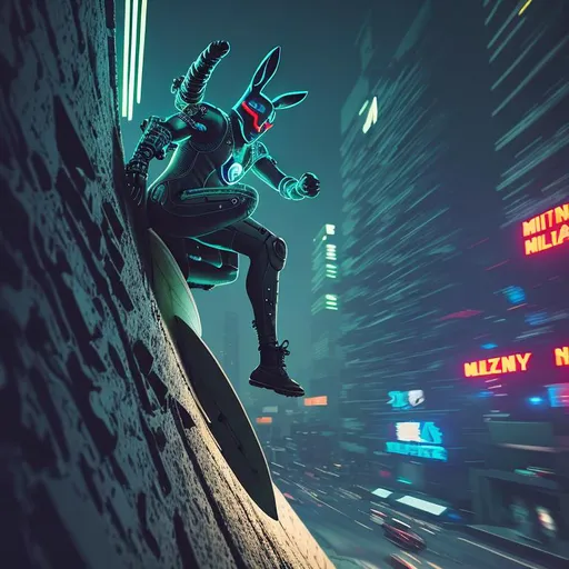 Prompt: military man in bunny suit and mask surfing on sloped walls, night, cyberpunk, amazing details, digital art, cinematic lighting, neon lights, blurred background