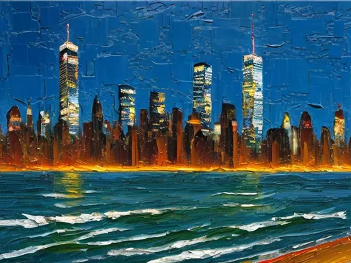 Prompt: Thick oil impasto York Skyline from 42nd Street Pier, thick oil impasto