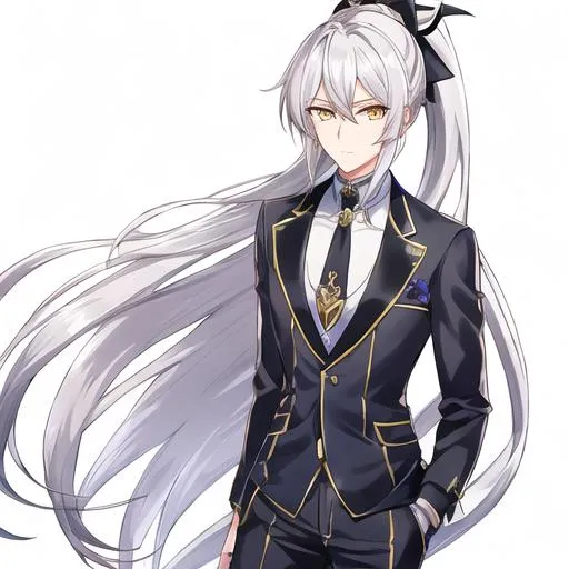 Prompt: Takumi 1male. Singer.  Silver hair; Hime/Bowl with long strands down the shoulders that is medium, Ponytail in the back. Pastel Yellow eyes. Wearing a meticulously tailored suit, with crisp lines and a perfect fit. The jacket is smooth and free of any wrinkles, while the tie is neatly knotted in a symmetrical fashion. The pants drape elegantly, and the overall look exudes sophistication and sharpness.