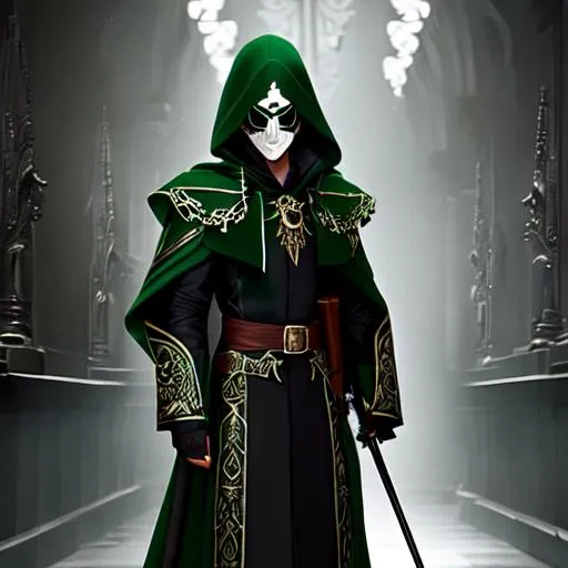 Prompt: An elven assassin wearing black and green spanish style inquisition robes, with a skull masquerade mask.