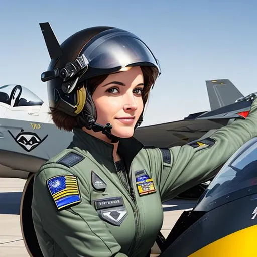 Prompt: A women pilot, hold a helmet, stealth fighter jet in background, bright colours