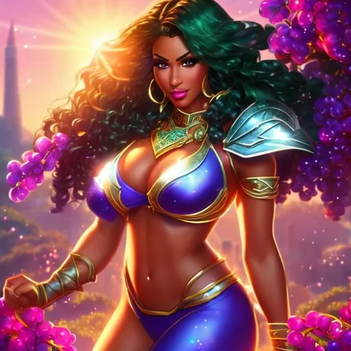 Prompt: Epic, D&D, Cinematic. full body, (an attractive African American woman), (gorgeous face, glossy lips), muscle woman. (Big Breasts), {green glitter}, dressed in a skimpy bikini, {slingshot bikini}, shiny brilliant cloth armour, heroic pose. grapes vine garden, glass of wine, Greek columns, overgrown vines, sunny day, bright blue sky, green grass.