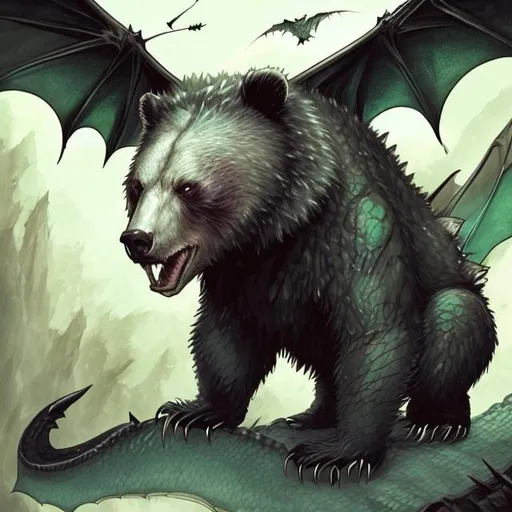 Prompt: a bear like reptile with bat wing and a dragon like apearence