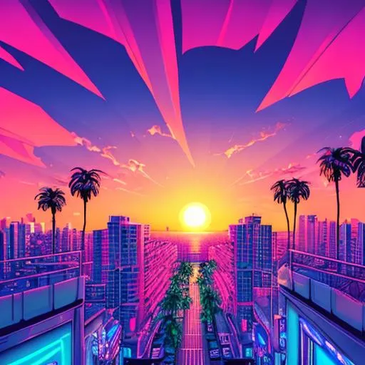 Prompt: vaporwave city, neon lighting, beautiful sunset, palm trees. Retro 