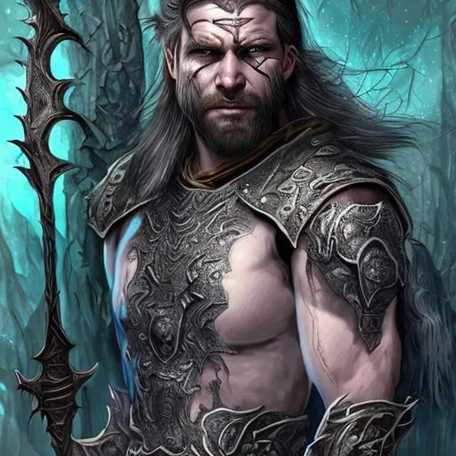Prompt: Skyrim: Nordic Warrior Mage Lorkhan, Trickster-God-King of Humankind drawn in the style of the elder scrolls concept art and Marvel Comic Style, 80's, neon light, sci-fi elements, accentuated with thick outlines and shading, bold, dynamic, 8k, intricate details, close up headshot, dim lighting