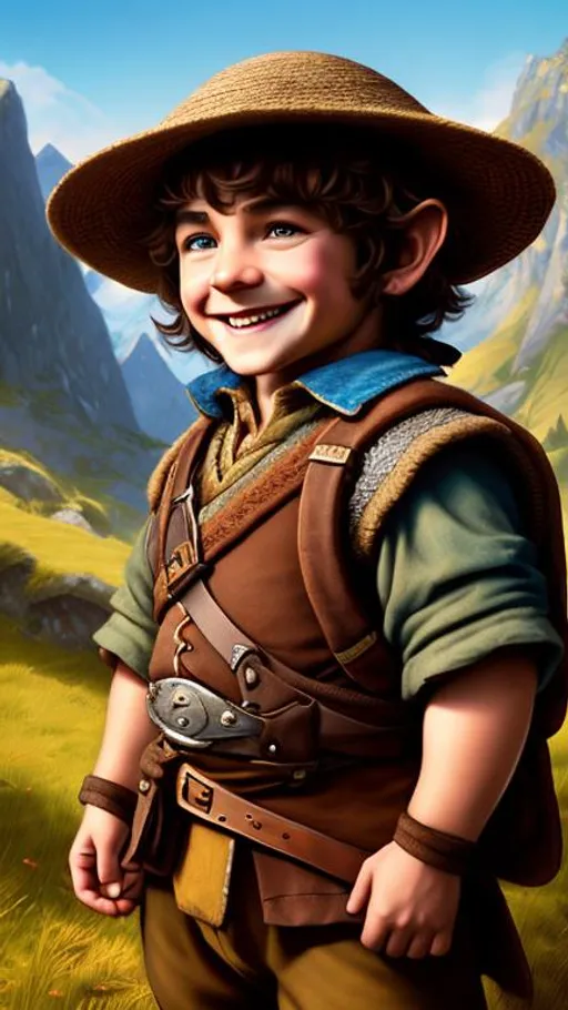 Prompt: Young halfling male, muttonchops, brown hair, large smile, teeth showing, peasant clothes, short, hobbit, farmer, farm, sunshine rays, featured on artstation, hyper detailed, realism