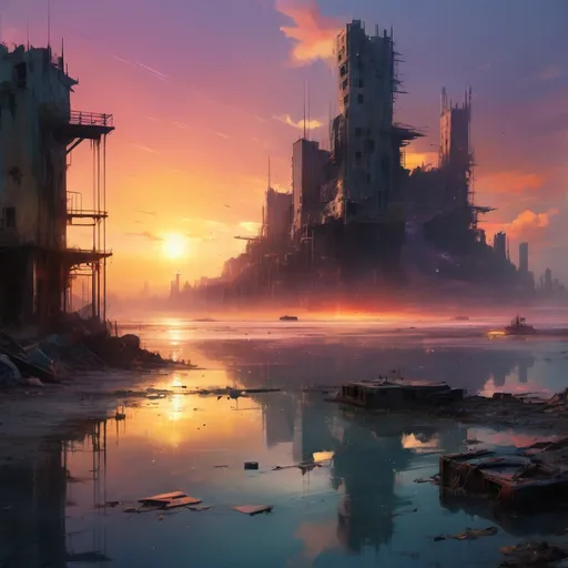 Prompt: A beautiful gorgeous sunset amidst a dystopian ruined city landscape with a pastel sunset and a sparkling pastel sea, by Craig Mullins, Destin Sparks, Raymond Swanland, Justin Minns, Ismail Inceoglu, Behance HD, Artstation, Deviantart, minimalistic touch of gold decorations, 8k resolution, incredible abstract composition, deep colors